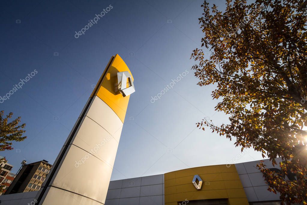BELGRADE, SERBIA - SEPTEMBER 10, 2018: Renault logo on their main dealership store Belgrade. Renault is a French car and automotive manufacturer, one of the biggest in Europe