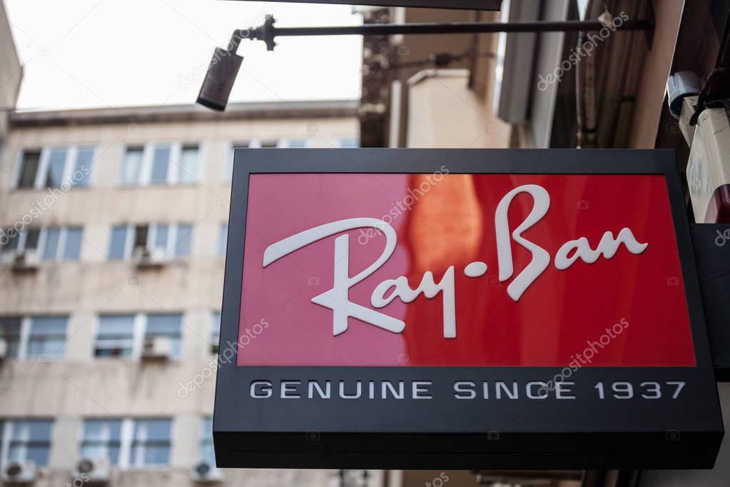 BELGRADE, SERBIA - SEPTEMBER 14, 2018: Ray Ban logo on their main retailer in Belgrade. Ray Ban is an Italian brand of sunglasses and eyeglasses spread worldwide