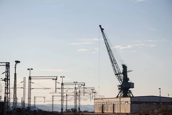 Industrial Landscape Sunst Electrified Railway Line Its Tracks Next Heavy — Zdjęcie stockowe