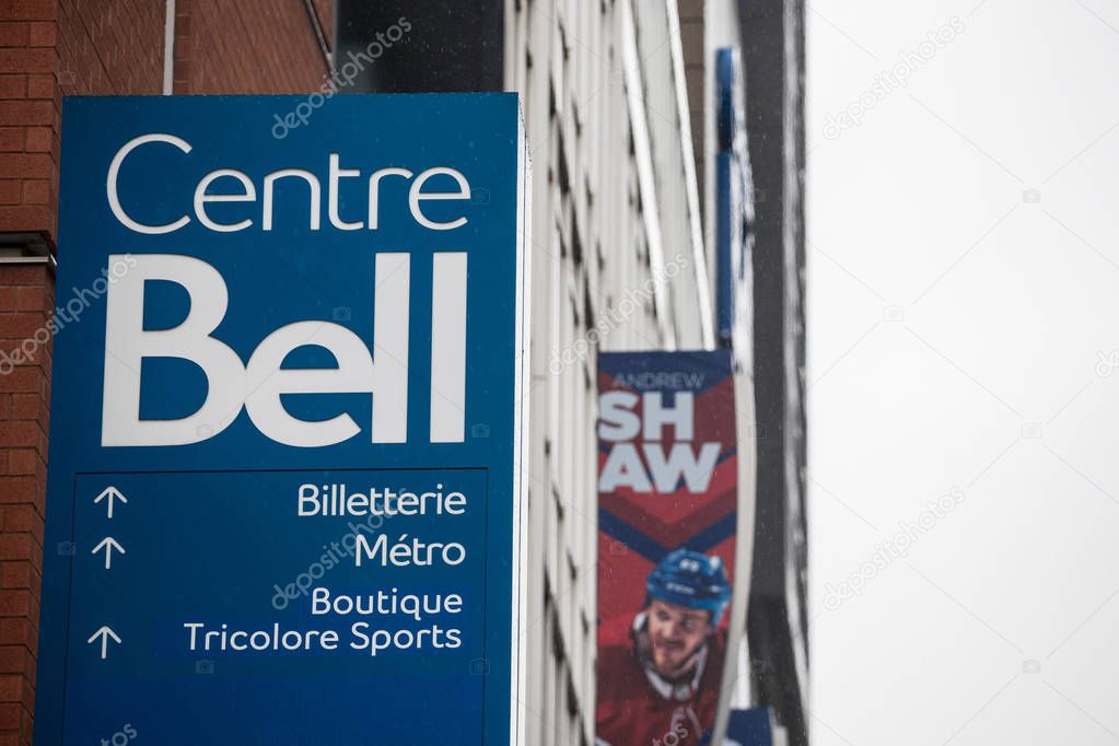 MONTREAL, CANADA - NOVEMBER 3, 2018: Bell Center logo, known as Centre Bell, in front of their main building. It is a sports and entertainent center, home of the Montreal Canadiens ice hockey team