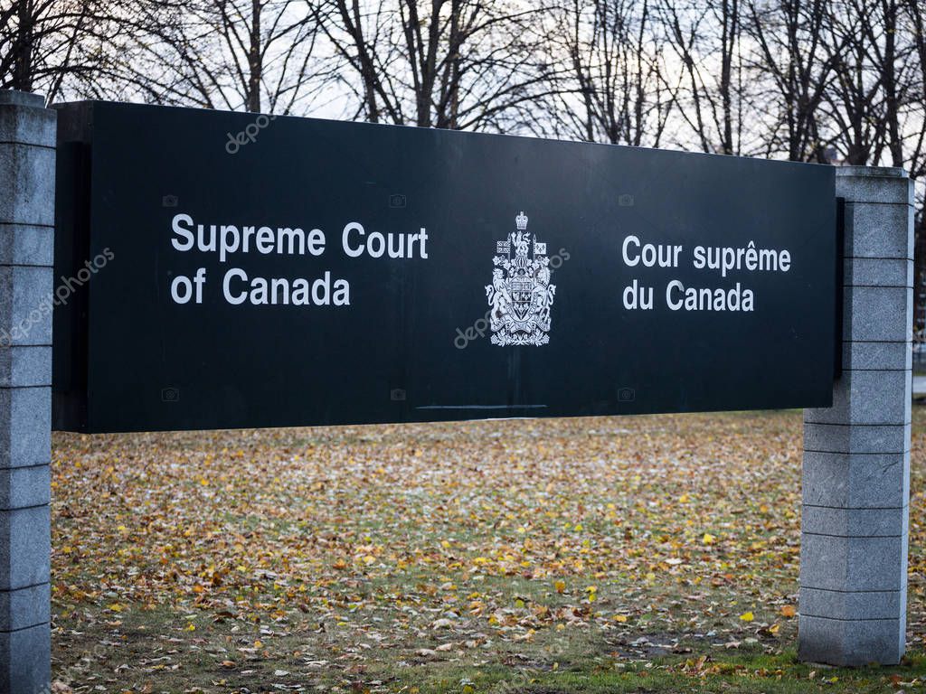 OTTAWA, CANADA - NOVEMBER 10, 2018: Entry sign indicating the Supreme Court of Canada, in Ottawa, Ontario. Also known as SCOC, it is the highest justice body of Canada