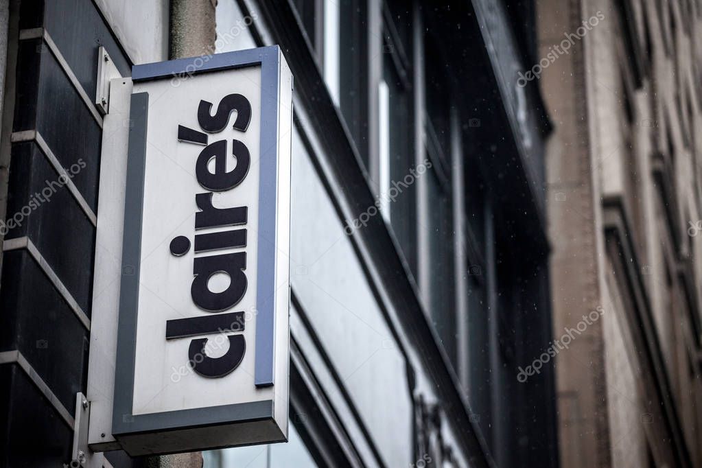 MONTREAL, CANADA - NOVEMBER 5, 2018: Claire's logo on their main shop for Montreal. Claire's is an American Franchise of stores selling women and girls fashion accessories