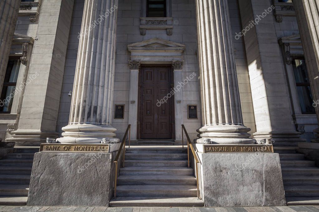 MONTREAL, CANADA - NOVEMBER 4, 2018: Bank of Montreal logo, known as BMO, in front of their historical headquarters in Old Montreal. Called banque de Montreal too, it is one of main banks of America