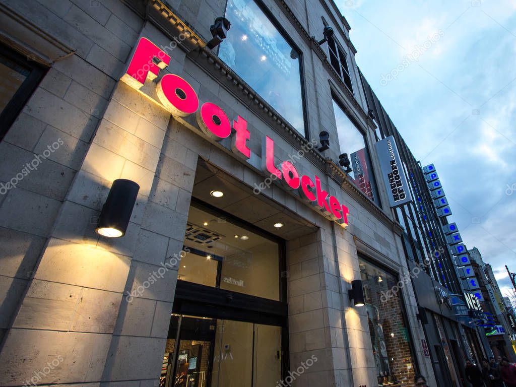 MONTREAL, CANADA - NOVEMBER7, 2018:  Foot Locker logo on their main shop for Montreal, Quebec. Foot Locker is an American retailer of athletic inspired footwear, apparel and accessories