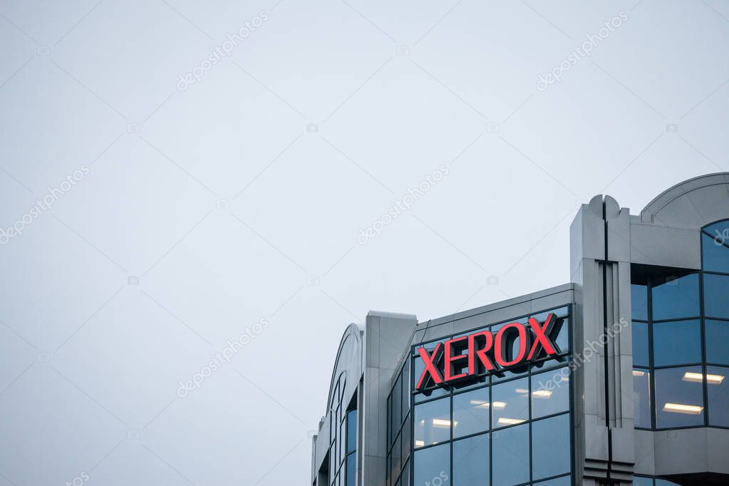 MONTREAL, CANADA - NOVEMBER 6, 2018: Xerox Corporation logo in front of their main office for Montreal, Quebec. Xerox is a multinational corporation specialized in photocopiers and digital services