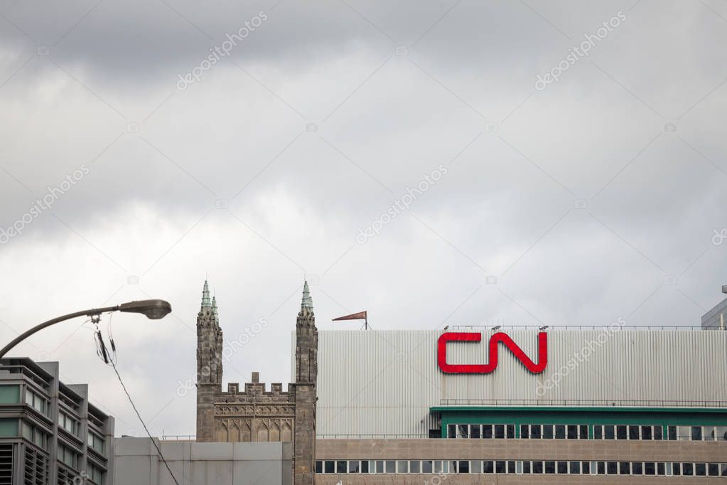 MONTREAL, CANADA - NOVEMBER 7, 2018: CN logo in front of their main office for Montreal, Quebec. Also known as Canadian National Railway, it is the main freight and cargo rail operator in Canada