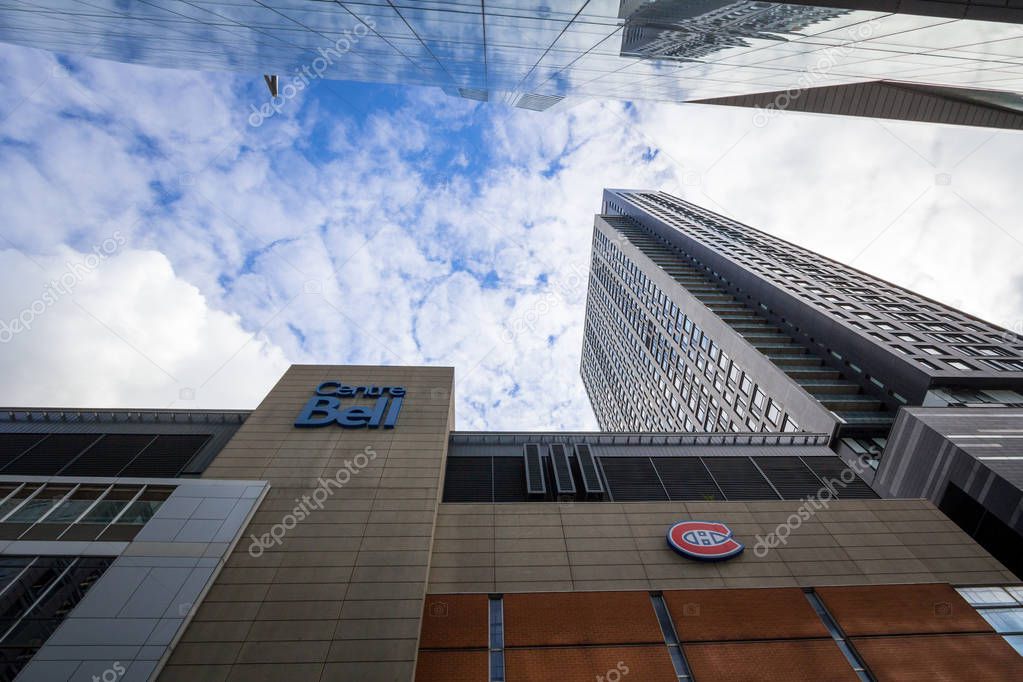 MONTREAL, CANADA - NOVEMBER 7, 2018: Bell Center logo, known as Centre Bell, in front of their main building. It is a sports and entertainent center, home of the Montreal Canadiens ice hockey team