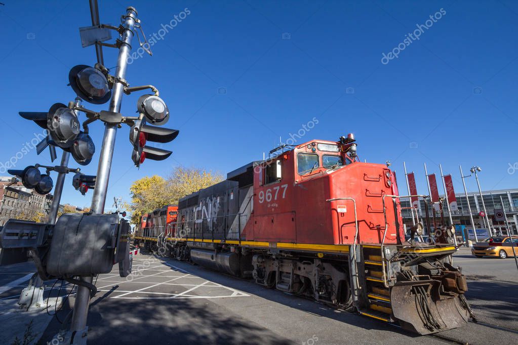 MONTREAL, CANADA - NOVEMBER 4, 2018: Diesel locomotives with the CN logo shunting. Also known as Canadian National Railway, it is the main freigh and cargo rail operator in Canada