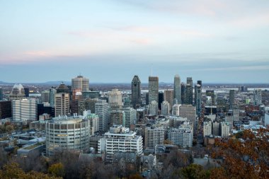 Montreal manzarası, şehir ve Mont Royal tepeden çekilen Cbd iş gökdelenler ikonik binalar ile. Quebec ana şehir ve ikinci şehir Kanada'da Montreal olduğunu