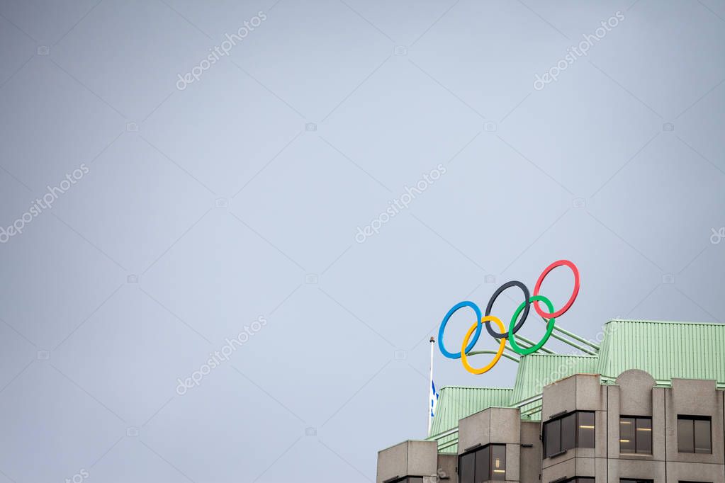 MONTREAL, CANADA - NOVEMBER 7, 2018: Olympic symbol (also known as Olympic Rings) seen on the Montreal olympic Committee building. Montreal became an olympic city with the 1976 Summer Olympic Games
