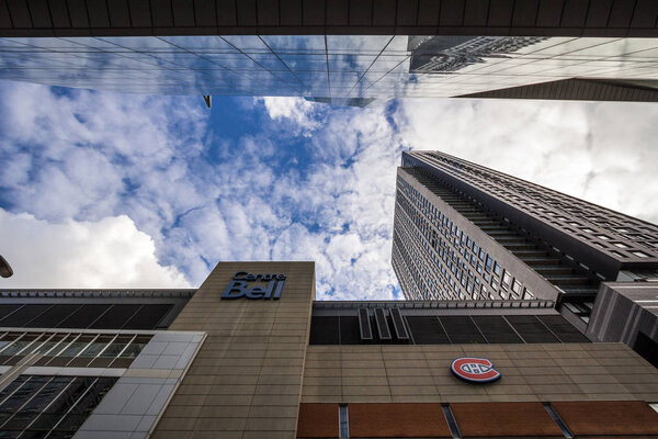 MONTREAL, CANADA - NOVEMBER 7, 2018: Bell Center logo, known as Centre Bell, in front of their main building. It is a sports and entertainent center, home of the Montreal Canadiens ice hockey team