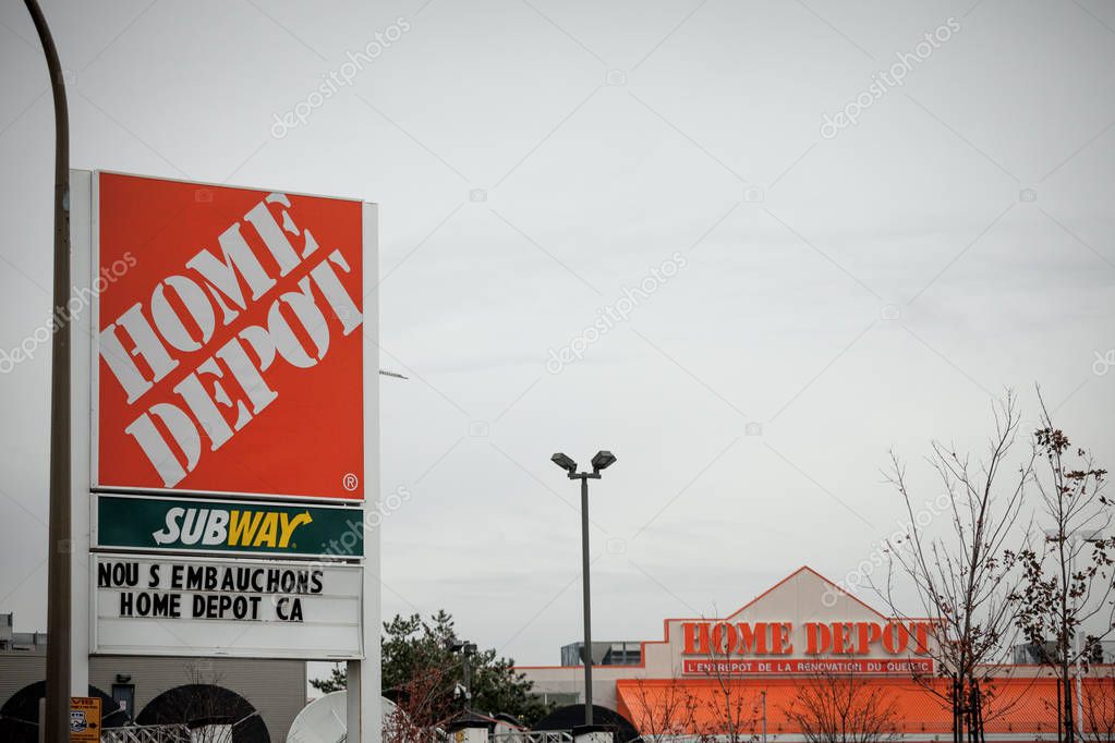 MONTREAL, CANADA - NOVEMBER 9, 2018: Home Depot logo in front of one of their stores in Canada. The Home Depot is an american chain of hardware and appliances store