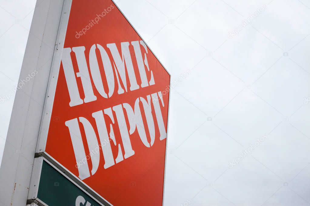 MONTREAL, CANADA - NOVEMBER 9, 2018: Home Depot logo in front of one of their stores in Canada. The Home Depot is an american chain of hardware and appliances stores