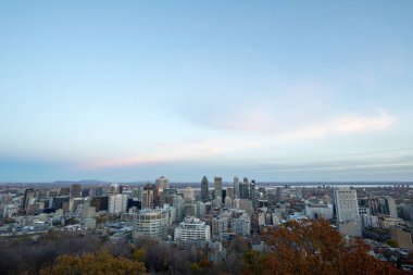 Montreal manzarası, şehir ve Mont Royal tepeden çekilen Cbd iş gökdelenler ikonik binalar ile. Quebec ana şehir ve ikinci şehir Kanada'da Montreal olduğunu