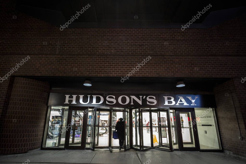 OTTAWA, CANADA - NOVEMBER 11, 2018: Hudson's Bay logo on their department store for Ottawa, Ontario. Also known as Compagnie de la Baie d'Hudson, it is the oldest Canadian retailer