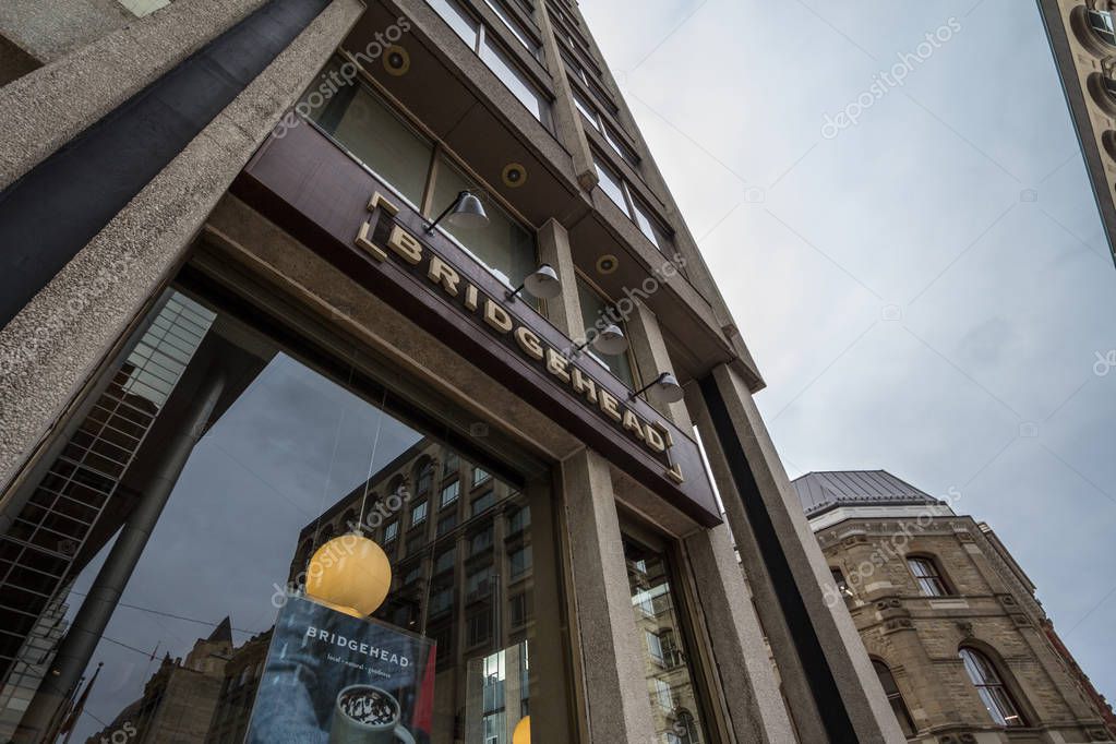 OTTAWA, CANADA - NOVEMBER 12, 2018:  Bridgehead Logo on their main shop and coffee house in Ottawa. Bridgehead is a Canadian fair trade coffee shop and cafes brand spread in Ontario