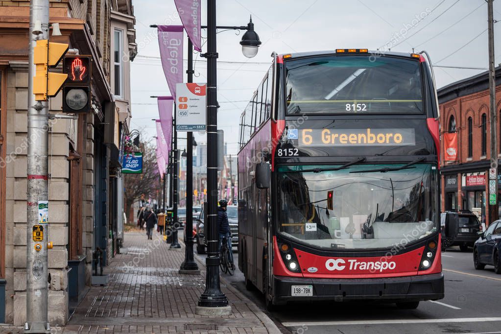 OTTAWA, CANADA - NOVEMBER 12, 2018: OC Transpo logo on one of their urban buses in downtown Ottawa. OC Transpo is the urban public transportation system of Ottawa, operating mainly buses