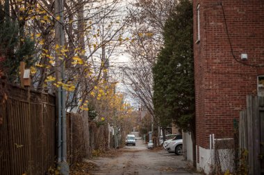 Montreal, Kanada - 8 Kasım 2018: Harap tipik Kuzey Amerika konut sokakta sonbahar Montreal, Quebec, park etmiş arabalar ile yağmurlu bir gün sırasında