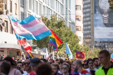 BELGRADE, SERBIA - SEPTEMBER 16, 2018:  Crowd raising and holding rainbow gay flags and transgender flags,during the Belgrade Gay Pride. The parade happened this year under huge police watch. clipart