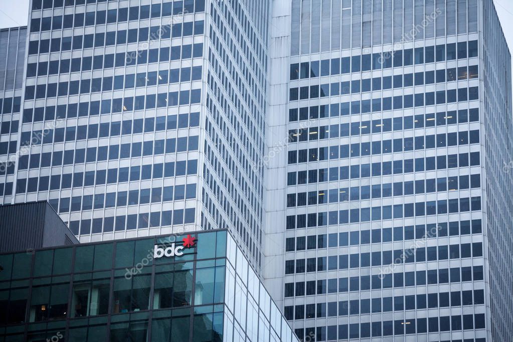 MONTREAL, CANADA - NOVEMBER 3, 2018: BDC Bank logo on their headquarters for Montreal, Quebec. the Business Development Bank of Canada is a bank funding entrepeneurship in Canada