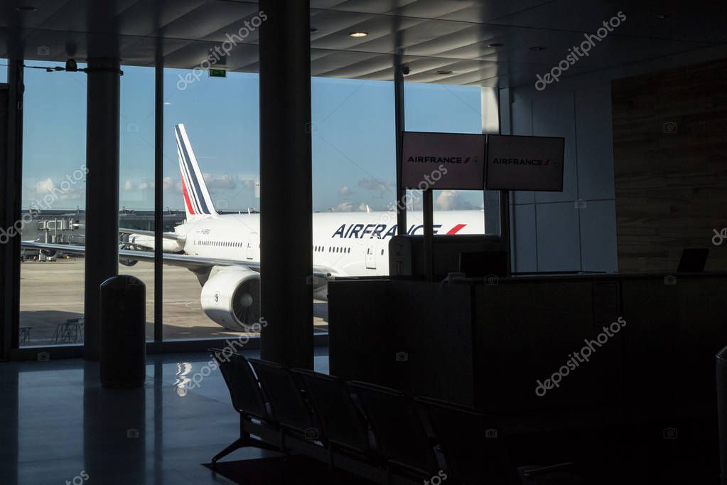 PARIS, FRANCE - NOVEMBER 2, 2018: Boeing 777-228ER Belonging to Air France ready for boarding on a gate of 2E terminal in Roissy Charles de Gaulle CDG Airport. Airfrance is French flag carrier