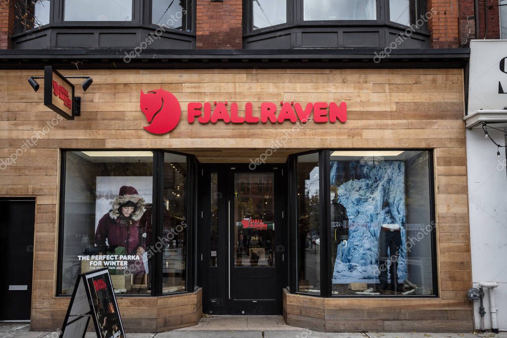 TORONTO, CANADA - NOVEMBER 13, 2018: Fjallraven logo in front of their local store in downtown Toronto, Ontario. Fjallraven is a Swedish clothing and outdoor equipment brand