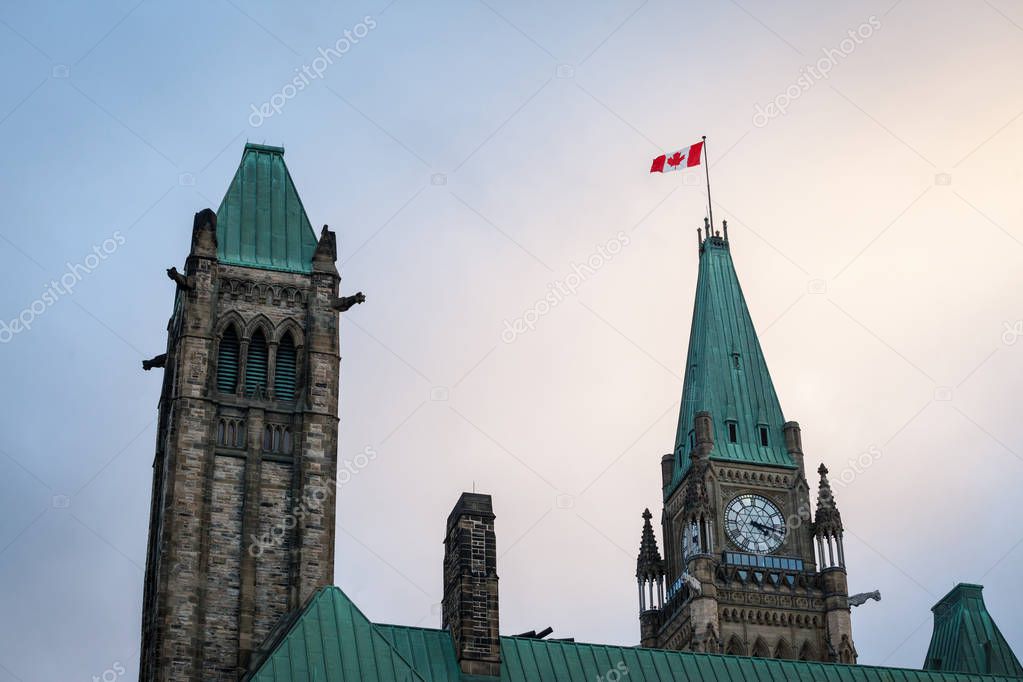 Main tower of the center block of the Parliament of Canada, in the Canadian Parliamentary complex of Ottawa, Ontario. It is a major landmark,  containing the Senate and the house of commons