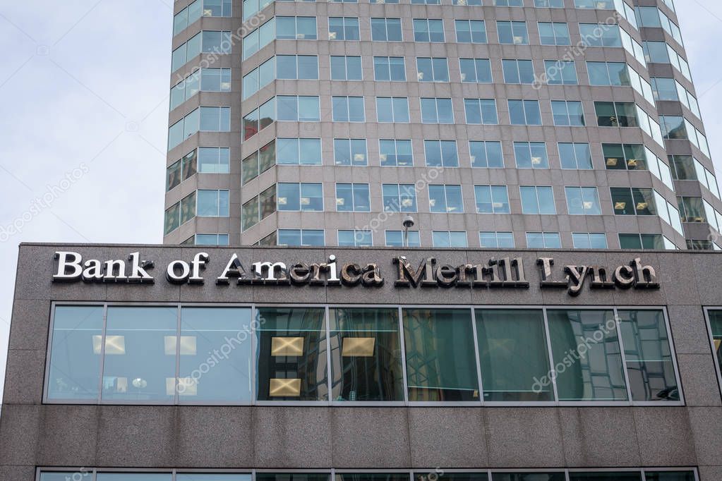TORONTO, CANADA - NOVEMBER 13, 2018: Bank Of America Merill Lynch logo on their local office for Ontario. Rebranded BOFA Securities, it is the investment banking branch of the group