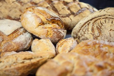 Baget, petits ağrıları ve ekşi hamur somun gibi çeşitli Fransız ekmekleri, ağrı de campagne denilen, bir masada ekranda. Bu ekmekler Fransız gastronomisinin sembolüdür, levain adı verilen mayadan yapılmıştır.