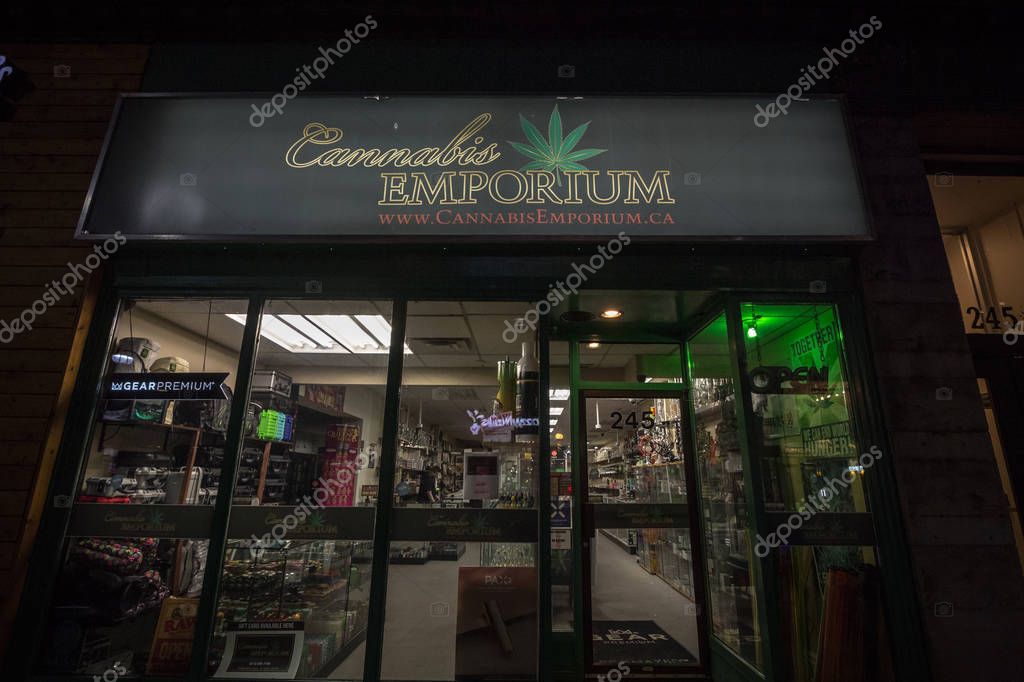 OTTAWA, CANADA - NOVEMBER 11, 2018: Cannabis Emporium store in Ottawa, a shop selling cannabis and marijuana related accessories.  Since 2018, Recreational use of marijuana and weed is legalized in Canada