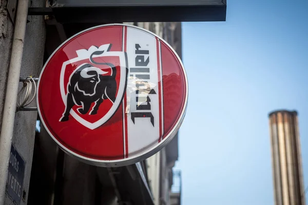 Lyon Francie Červenec 2019 Jupiler Logo Před Místním Barem Jupiler — Stock fotografie