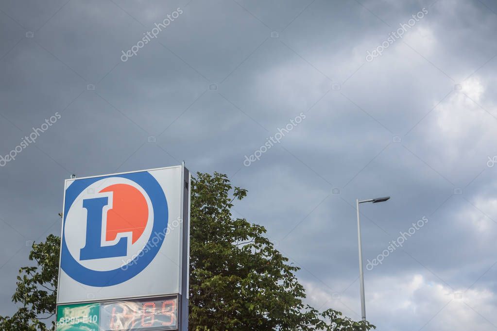 LYON, FRANCE - JULY 15, 2019: E Leclerc logo in front of their local supermarket in Lyon. Edouard Leclerc is a French retailer of supermarkets and hypermarkets spread in Europe