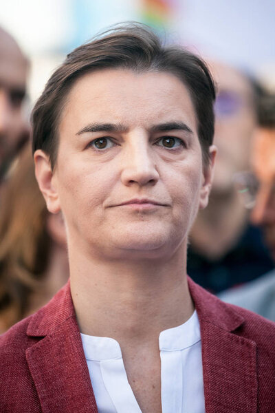 BELGRADE, SERBIA - SEPTEMBER 15, 2019:  Prime Minister Ana Brnabic with serious face in the crowd of 2019 edition of Belgrade Gay Pride. She's the 1st lesbian prime minister in Balkans