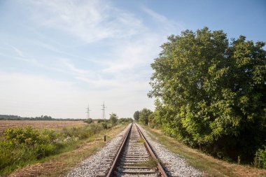 Terk edilmiş demiryolu rayları, Sırbistan, Avrupa 'da kullanılmayan bir hat üzerinde, paslı, ağaçlarla çevrili ve kırsal bir çevrede güneşli bir öğleden sonra