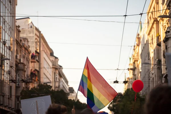 Regenboogvlag Gehesen Uit Een Menigte Tijdens Een Gay Pride Naast — Stockfoto