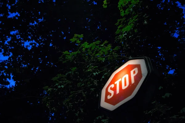 Old Stop Sign Obeying European Traffic Regulations Lit Dark Night — Stock Photo, Image