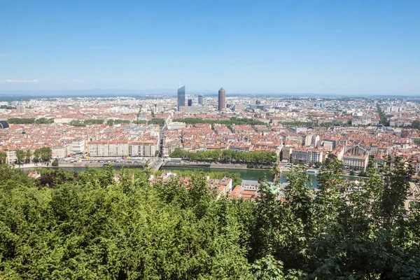 Vue Aérienne Panoramique Lyon Avec Skyline Des Gratte Ciel Lyonnais — Photo