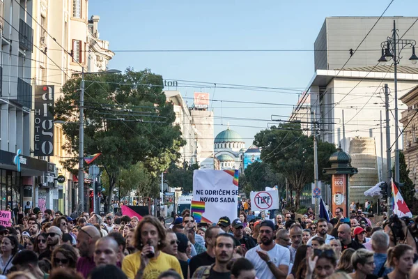 Belgrado Servië September 2019 Crowd Raising Holding Rainbow Gay Flags — Stockfoto