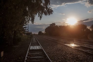 Sırbistan 'ın Uljma kentindeki bir kırsal tren istasyonundaki tren rayları, rayları ve platformlar, yağmur sonrasında ağaçlar ve perspektifle günbatımında çekildi
