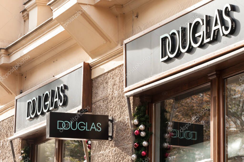 PRAGUE - CZECHIA, NOVEMBER 1, 2019: Douglas Cosmetics Logo on their main shop in Prague. Douglas is a German perfume and cosmetics retailer spread accross Central Europe