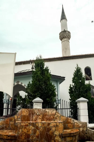 Minaret and fountain of the Murat Pasha Mosque in the old bazaar of Skopje, capital city of North Macedonia. Also called Stara carsija, it is a landmark of the Albanian & Turkish Muslim Community of Skopje