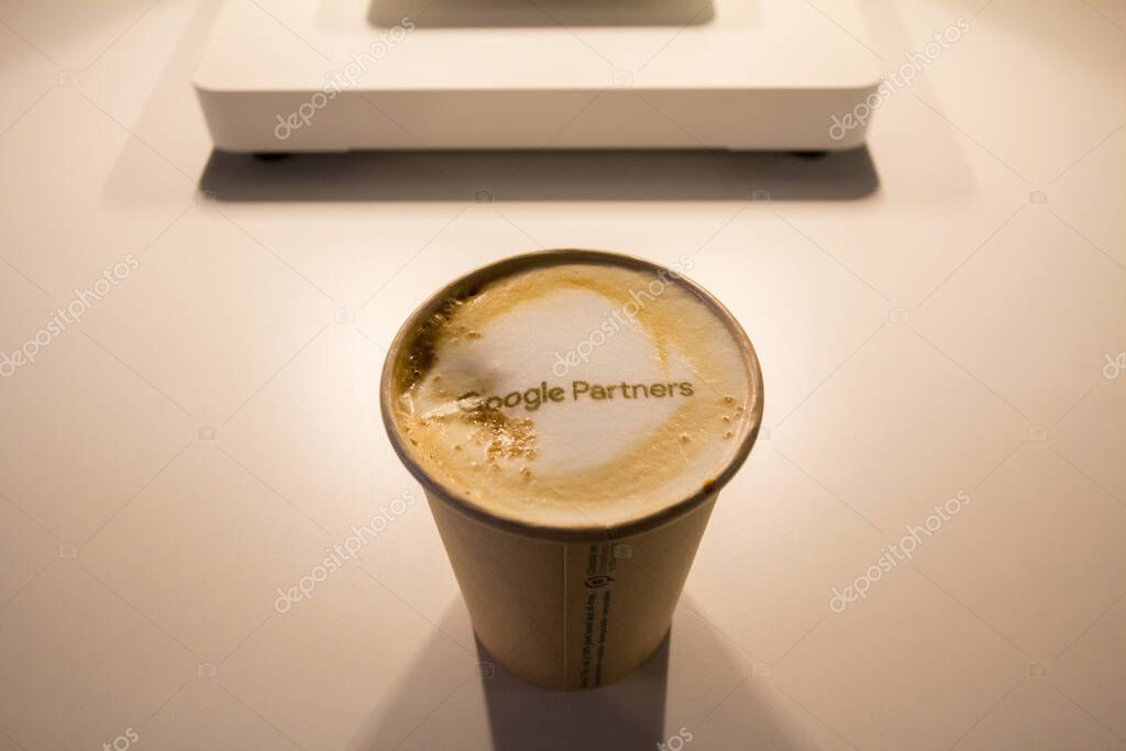 BUCHAREST, ROMANIA - FEBRUARY 12, 2020: Google Partners logo printed on a coffee. Google Partners is the agreement between Google and some marketing agency for the management of Google Ads PPC campaigns