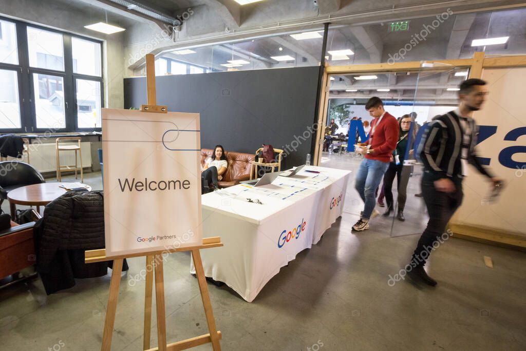 BUCHAREST, ROMANIA - FEBRUARY 12, 2020: Google Partners logo on entrance of their conference. Google Partners is a program between Google & marketing agency for the management of Google Ads PPC campaigns
