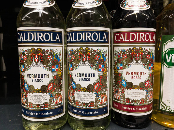 BELGRADE, SERBIA - SEPTEMBER 6, 2020: Caldirola Vermouth, Bianco and rosso logo on some bottles for sale. A vermouth is a traditional italian fortified and aromatized wine.