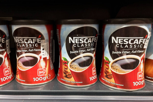 BELGRADE, SERBIA - SEPTEMBER 22, 2020: Nescafe jars for sale with their logo. Nescafe is a brand of Nestle specialized in instant coffee and coffee derivates