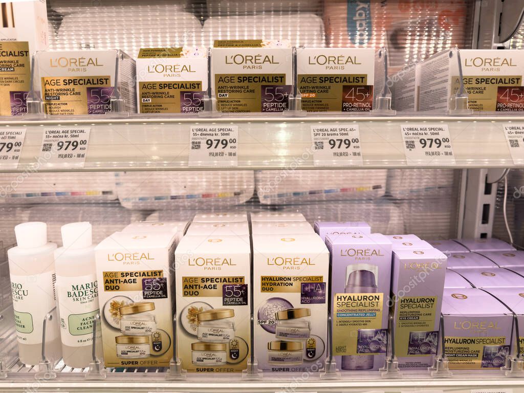 BELGRADE, SERBIA - MAY 17, 2025: L'Oreal anti age skincare on supermarket shelves in Belgrade, with Age Specialist and Hyaluron Specialist lines. L'oral is a french cosmetics and skincare brand