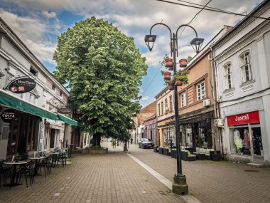 VALJEVO, SERBIA - 18 Mayıs 2025: Valthe 'deki Kneza Milosa yaya sokağı boyunca, kafeler, dükkanlar ve tarihi cephelerle çevrili,.