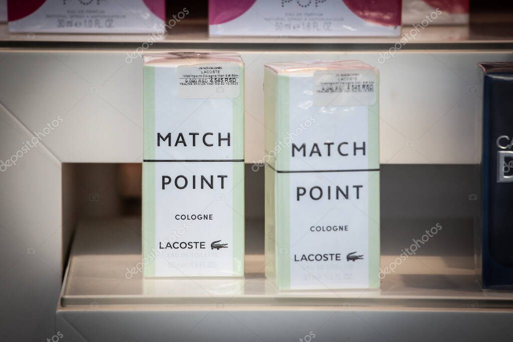 BELGRADE, SERBIA - AUGUST 10, 2025: Lacoste Match Point cologne with the brand logo. Lacoste is a french fashion brand specialized in clothing, sportswear, fragrances and perfumes