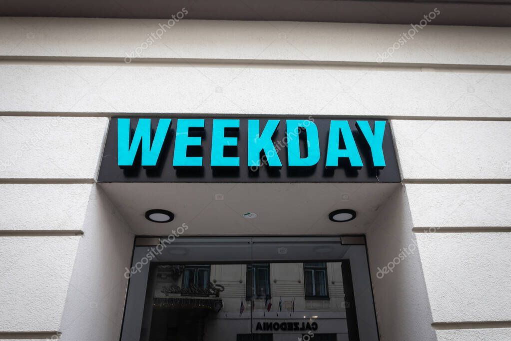 GRAZ, AUSTRIA - DECEMBER 22, 2024: Closeup of the Weekday store sign in Graz, Austria, Owned by H&M, Weekday is a fashion retailer specialized in womenswear and menswear.