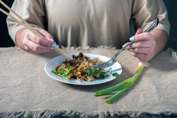 Fool plate with pearl barley and greens — Stock Image Fool Plate Pearl Barley Greens Stock Photo